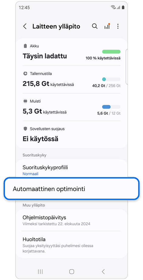 Laitteen ylläpito -asetusnäyttö.