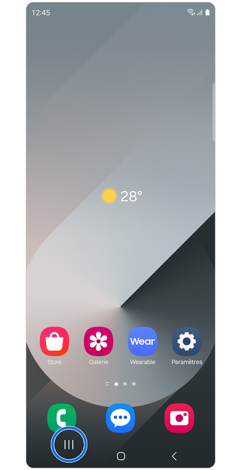 Écran d'accueil d’un Samsung Galaxy affichant la barre de navigation.