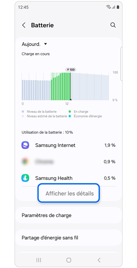 Écran du menu Batterie d’un Samsung Galaxy.