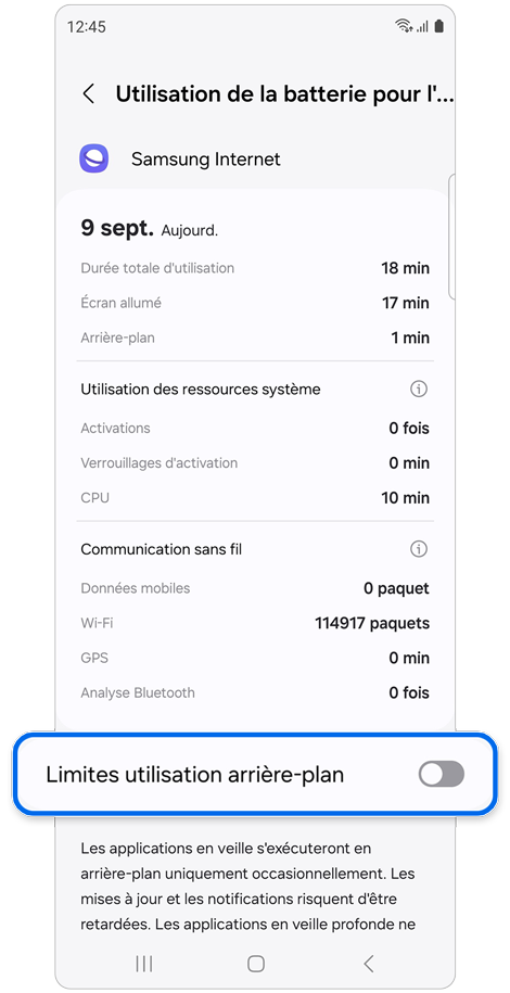Écran d’utilisation de la pile pour une application sur un Samsung Galaxy.