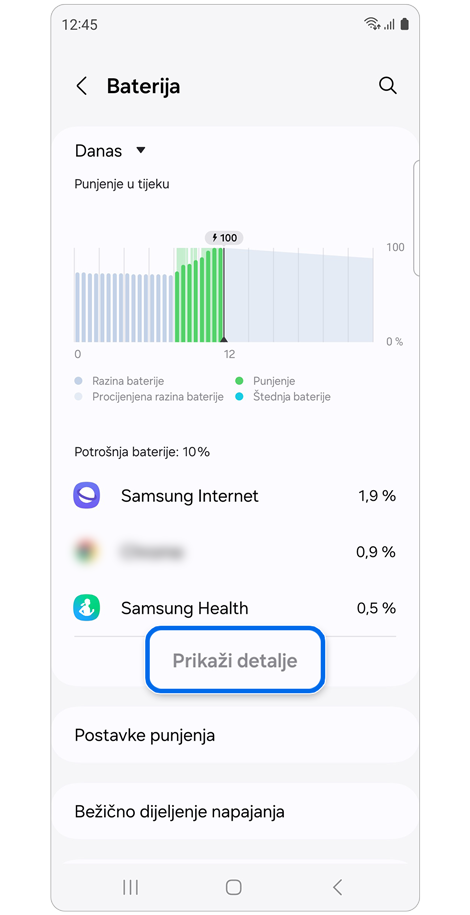 Zaslon postavki Baterija.
