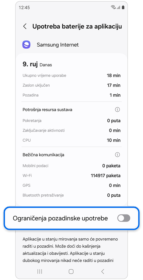 Informacije o korištenju baterije.