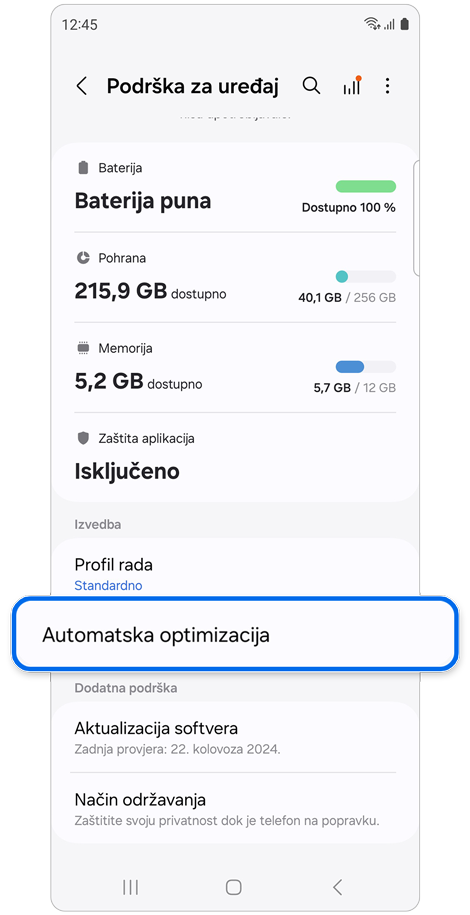 Zaslon postavki Briga o uređaju.