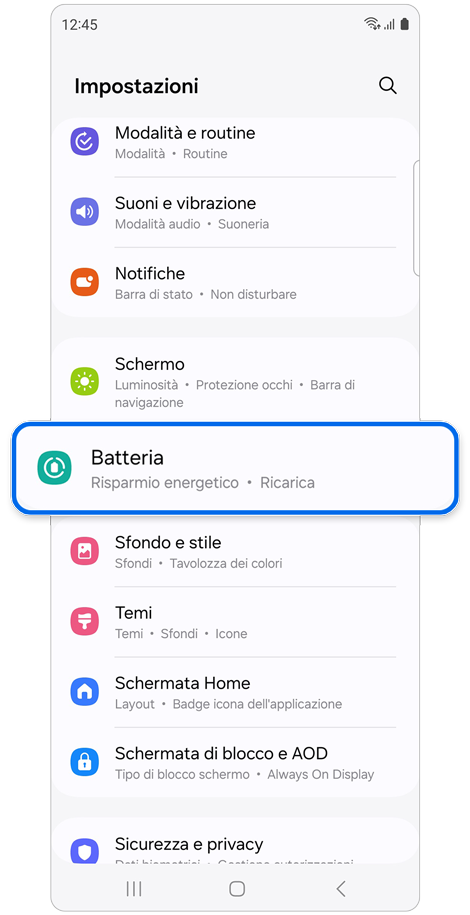 Schermata principale di Impostazioni.
