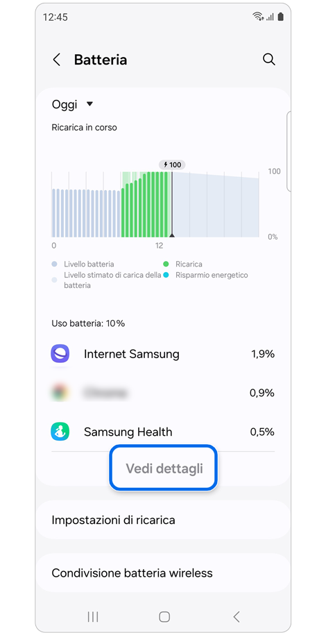 Schermata delle impostazioni di Batteria.