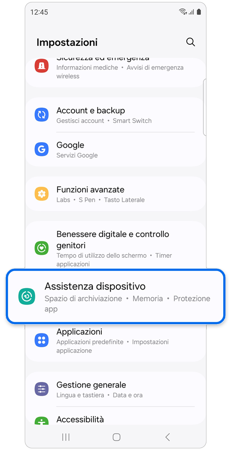 Schermata principale di Impostazioni.