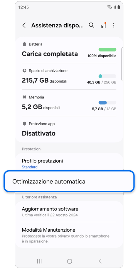 Schermata delle impostazioni di Assistenza dispositivo.
