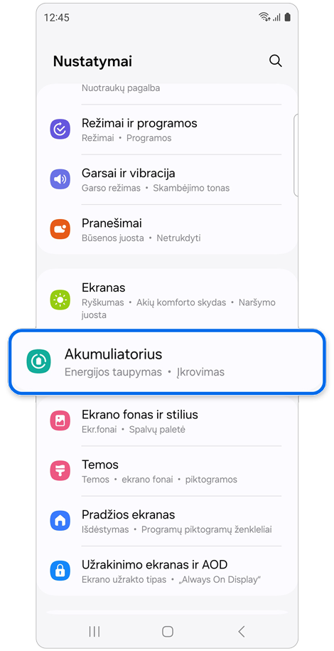 Nustatymų pradžios ekranas.