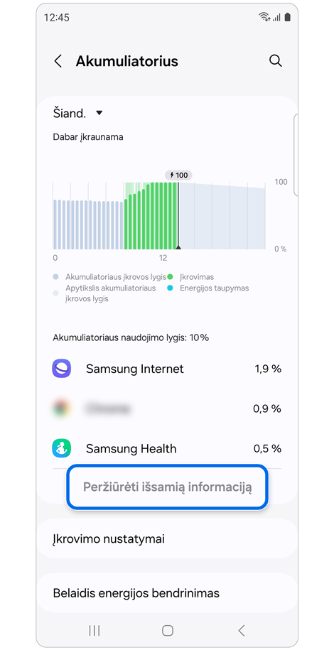 Akumuliatoriaus nustatymų ekranas.