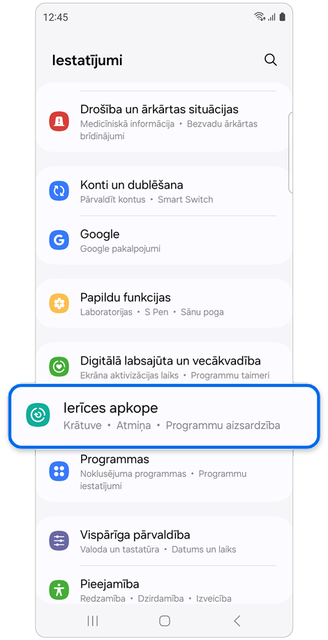 Sadaļas Iestatījumi sākuma ekrāns.