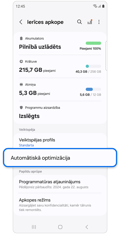 Sadaļas Ierīces apkope iestatījumu ekrāns.