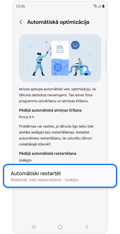 Opcijas Automātiskā optimizācija iestatījumi.