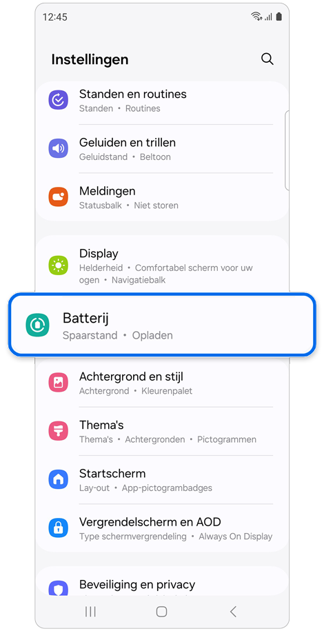 Instellingen startscherm.