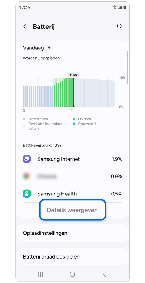 Scherm instellingen batterij.