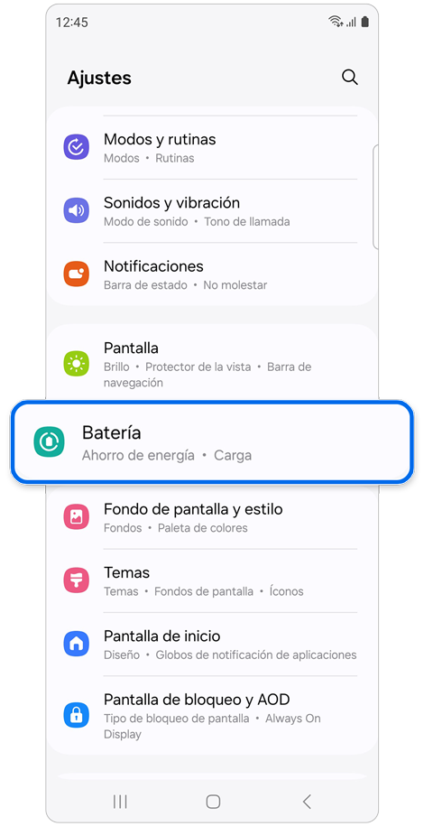 Pantalla de inicio de ajustes.
