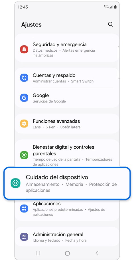 Pantalla de inicio de ajustes.