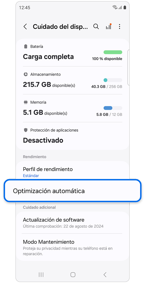 Pantalla de ajustes de cuidado del dispositivo.