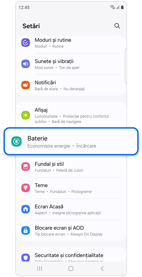 Ecranul de pornire Setări.
