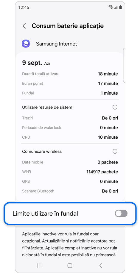 Informații despre utilizarea bateriei.