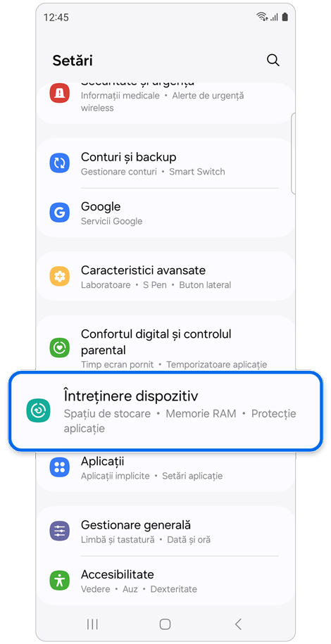 Ecranul de pornire Setări.