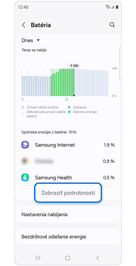 Obrazovka nastavení funkcie Batéria.