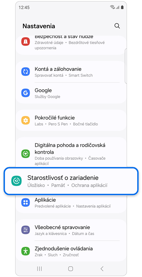Domovská obrazovka funkcie Nastavenia.