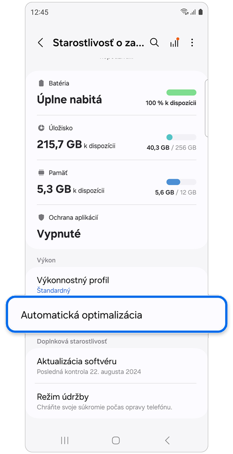 Obrazovka nastavení Starostlivosť o zariadenie.