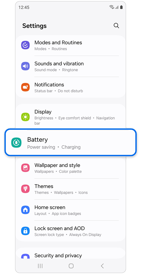 Settings home screen.