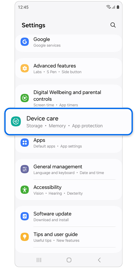 Settings home screen.