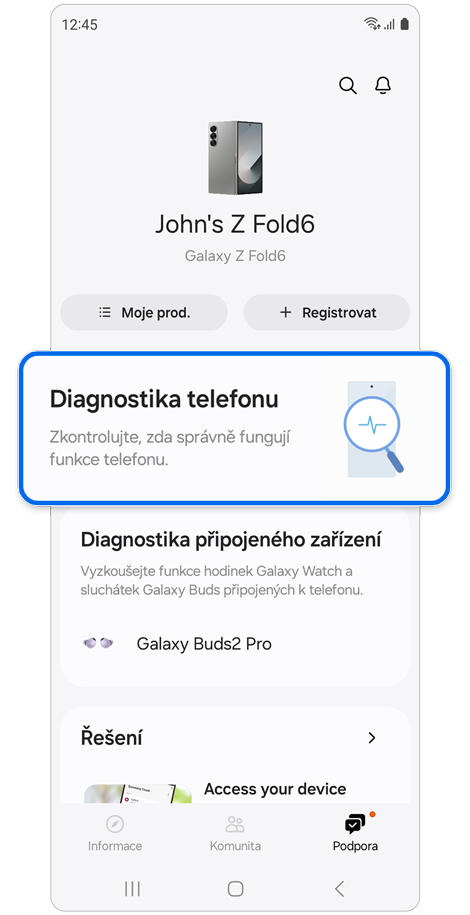 Karta Podpora v aplikaci Samsung Members