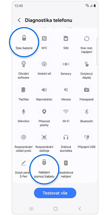 Obrazovka Diagnostika telefonu