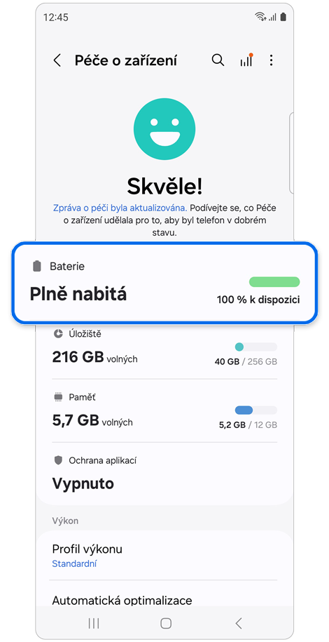 Obrazovka nastavení Péče o zařízení