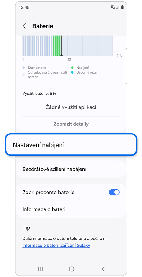 Obrazovka Nastavení baterie