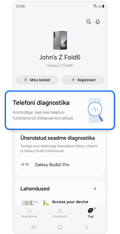Vahekaart Tugi Samsung Members rakenduses