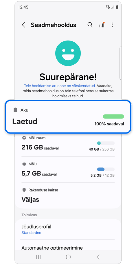 Seadmehoolduse seadistuste ekraan