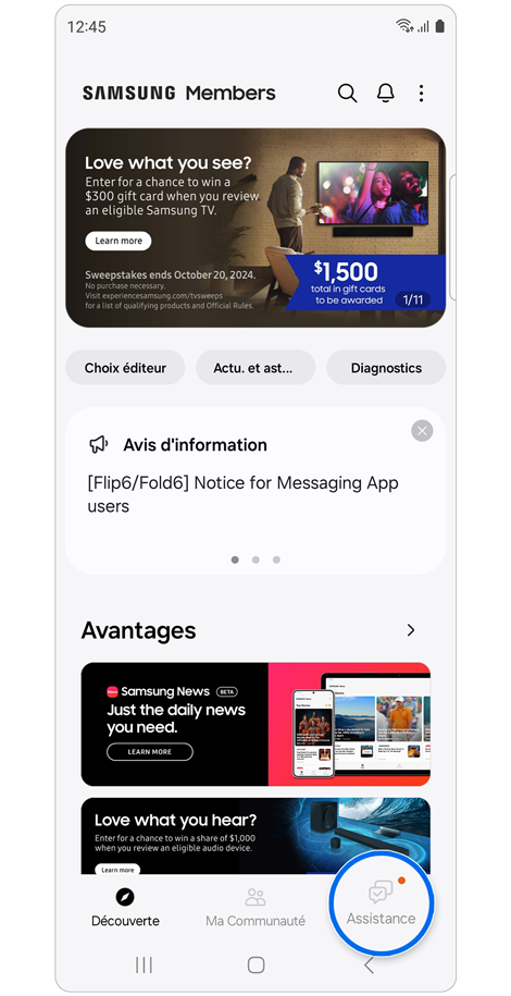 Écran d'accueil de l'application Samsung Members.