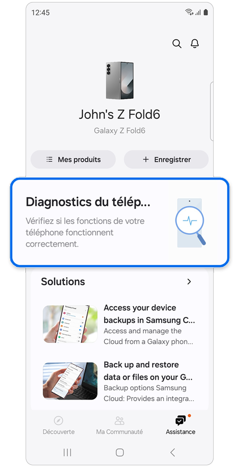 Écran d'accueil du menu assistance de l'application Samsung Members