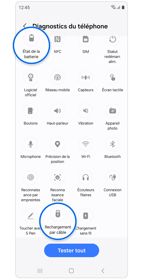 Écran d'accueil du menu de diagnostics du téléphone de l'application Samsung Members