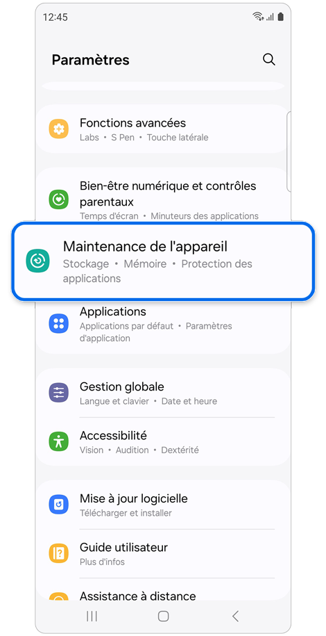 Écran du menu des paramètres d’un Samsung Galaxy.