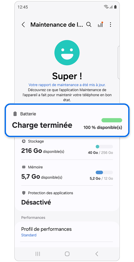 Écran du menu de maintenance de l’appareil d’un Samsung Galaxy.