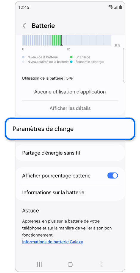 Écran du menu Batterie d’un Samsung Galaxy