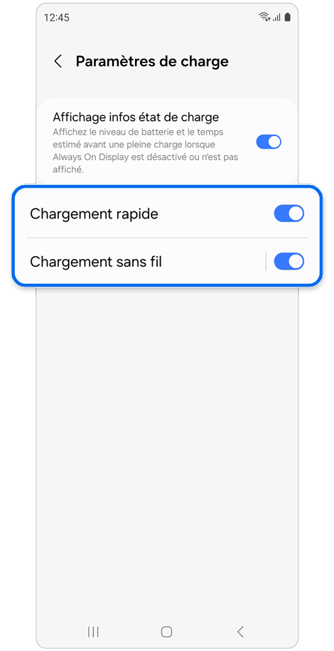 Écran du menu des paramètres de charge d’un Samsung Galaxy