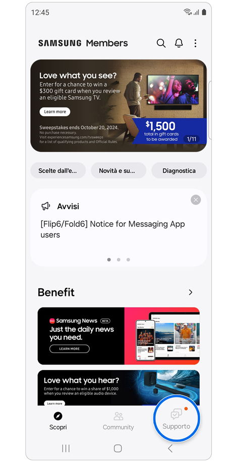 Schermata Home dell'app Samsung Members.