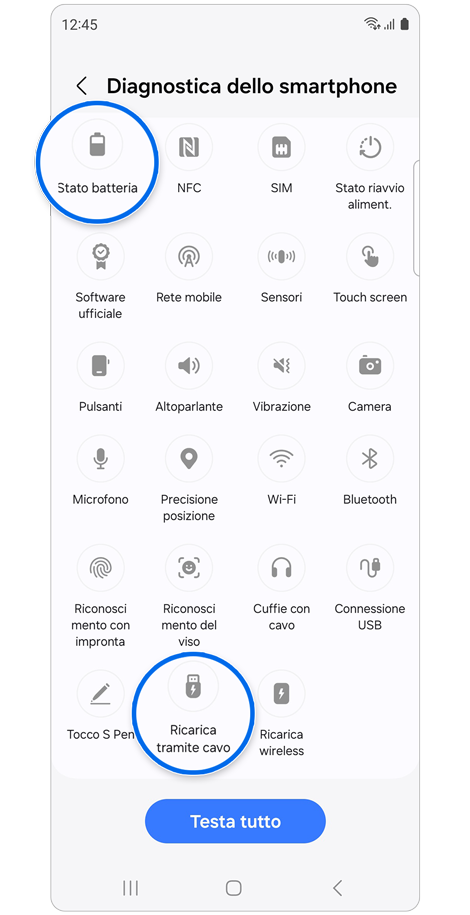 Schermata Diagnostica dello smartphone