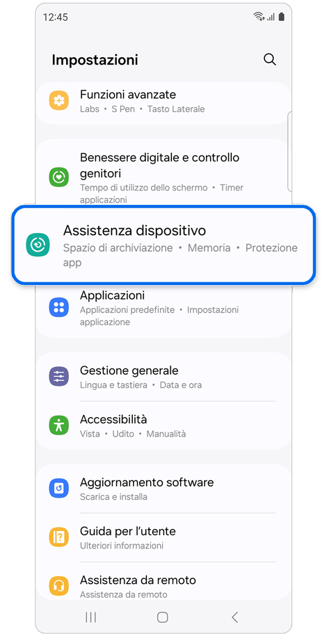 Schermata principale di Impostazioni