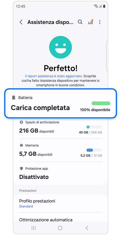 Schermata delle impostazioni di Assistenza dispositivo