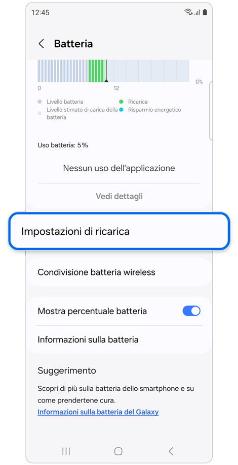 Schermata delle impostazione di Batteria