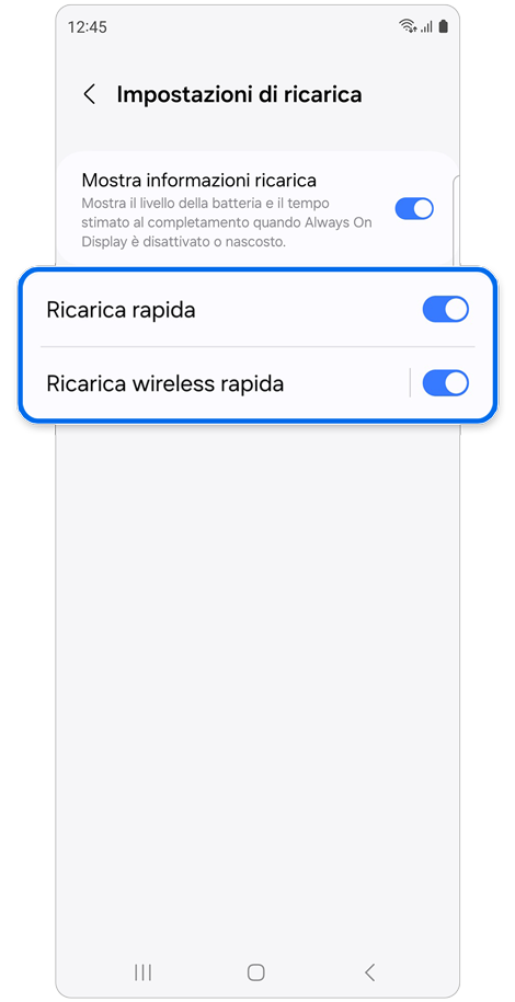 Schermata Impostazioni di ricarica