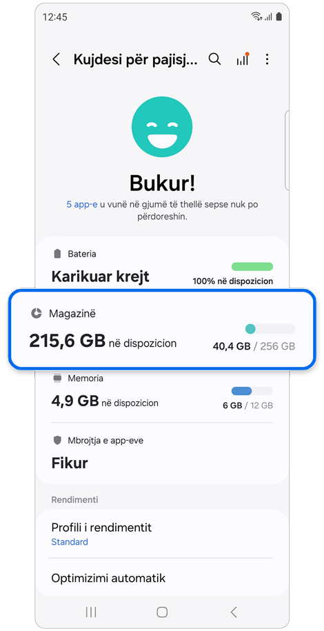 Ekrani i cilësimeve Kujdesi për pajisjen