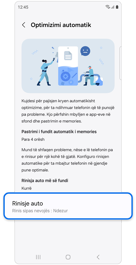 Ekrani i cilësimeve Optimizimi automatik